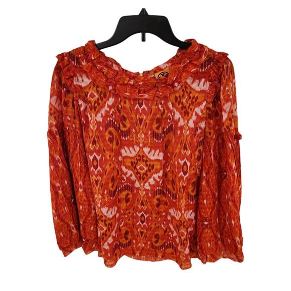 Tory Burch Blouse Silk Blend Size 10 Ruffle Neck Long Flared Sleeves Orange Red - Picture 1 of 13